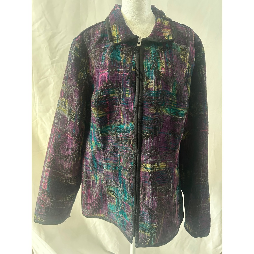 Christopher & Banks Womens XL Tapestry Zip Up Jacket Purple Teal Abstract Woven